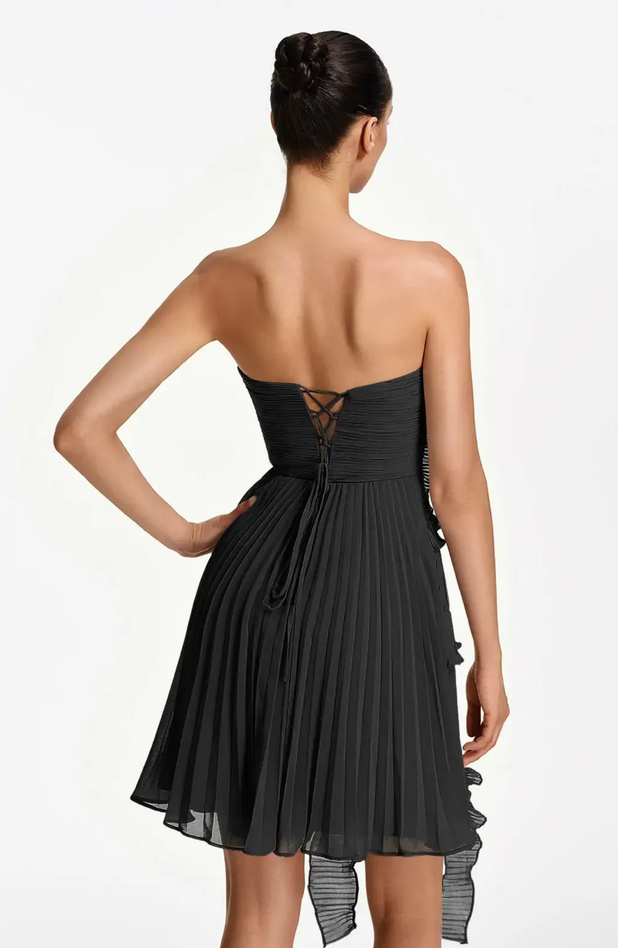 Vestido Corto Palabra de Honor Plisado con Volantes