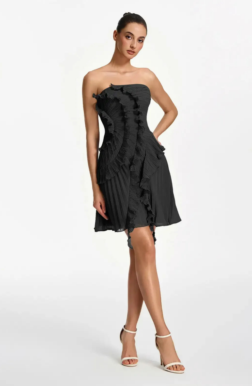 Vestido Corto Palabra de Honor Plisado con Volantes