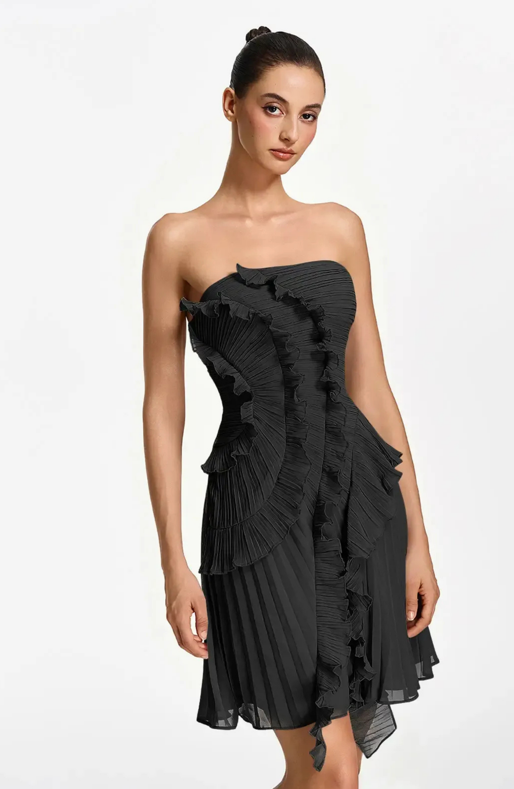 Vestido Corto Palabra de Honor Plisado con Volantes