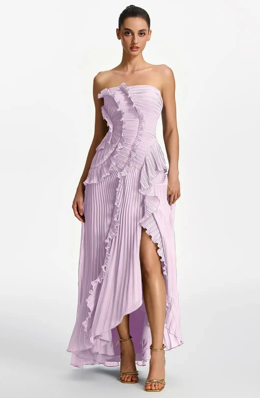 Vestido Largo de Invitada Palabra de Honor Plisado con Volantes