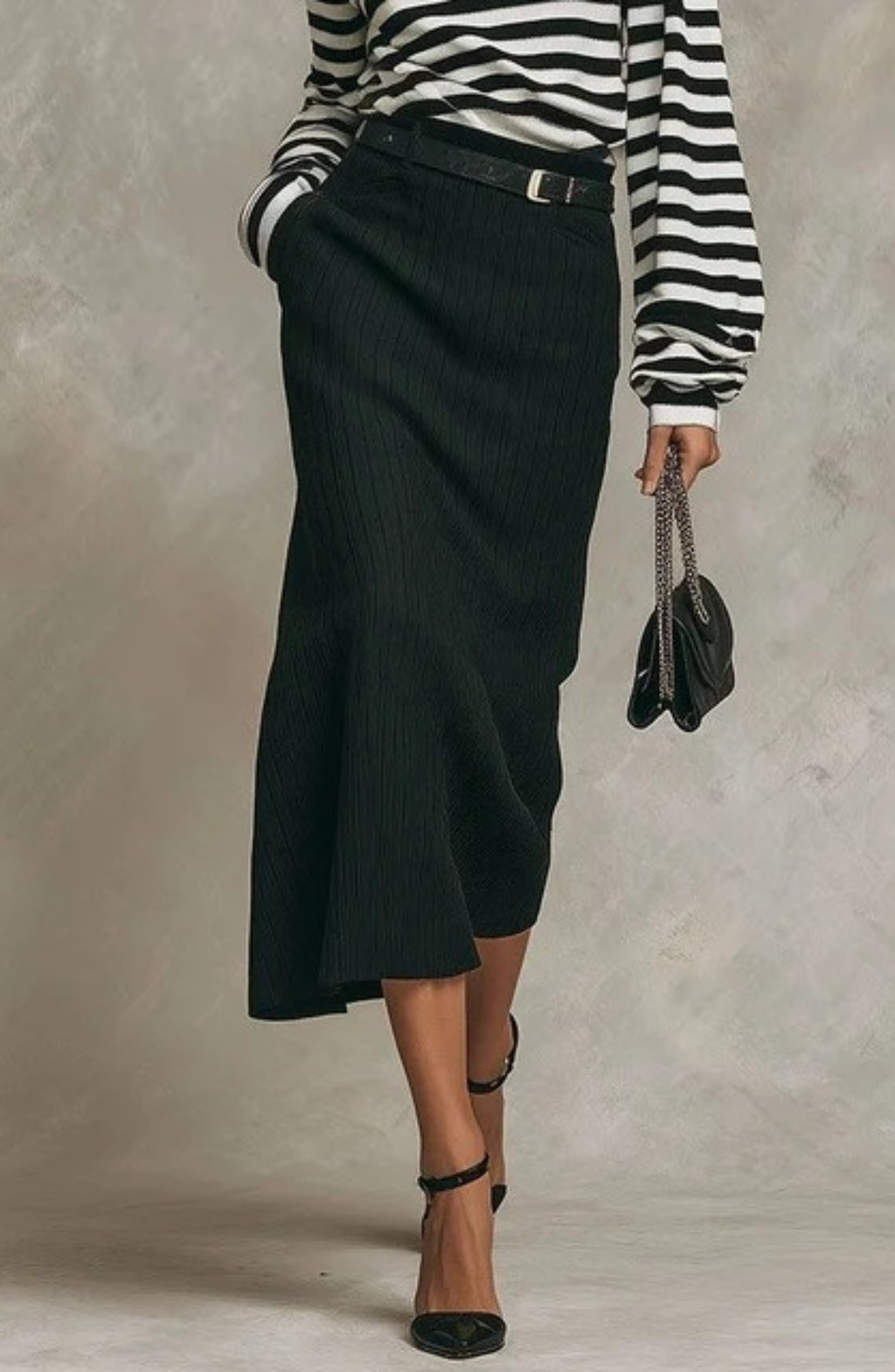 Conjunto de Top Bardot a Rayas y Falda Larga