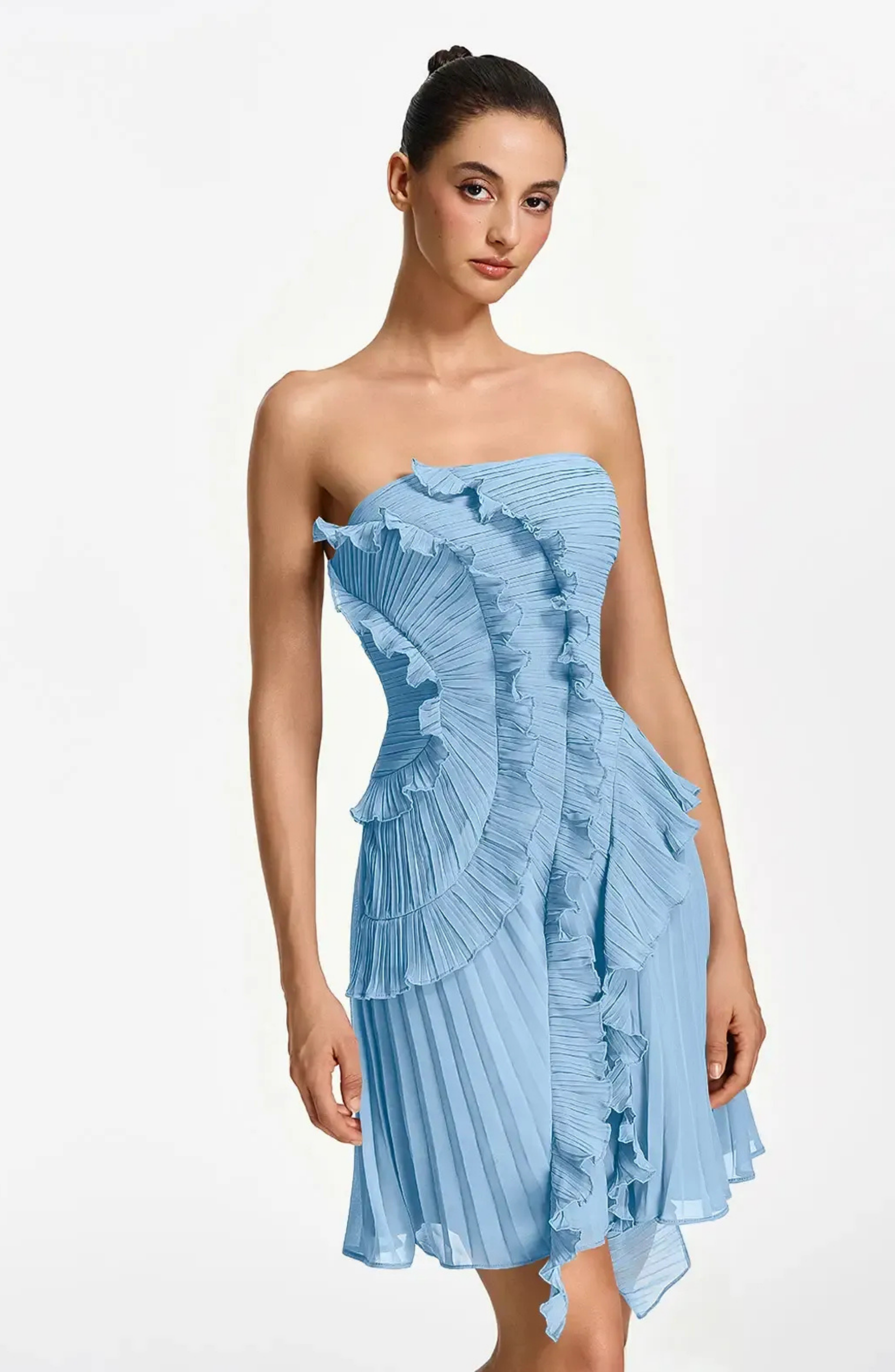 Vestido Corto Palabra de Honor Plisado con Volantes