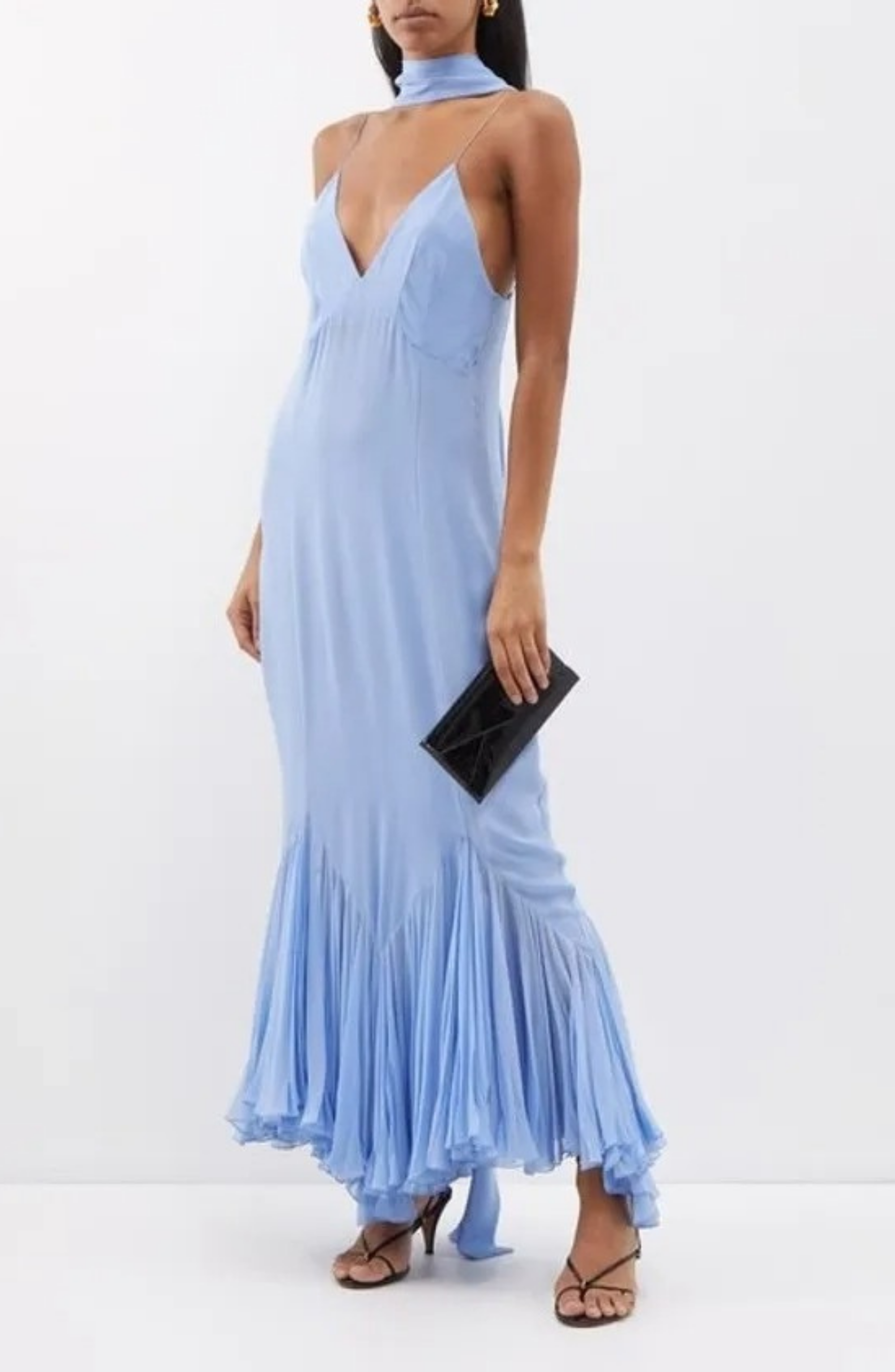 Vestido Largo Fluido con Escote en V y Bajo de Volantes