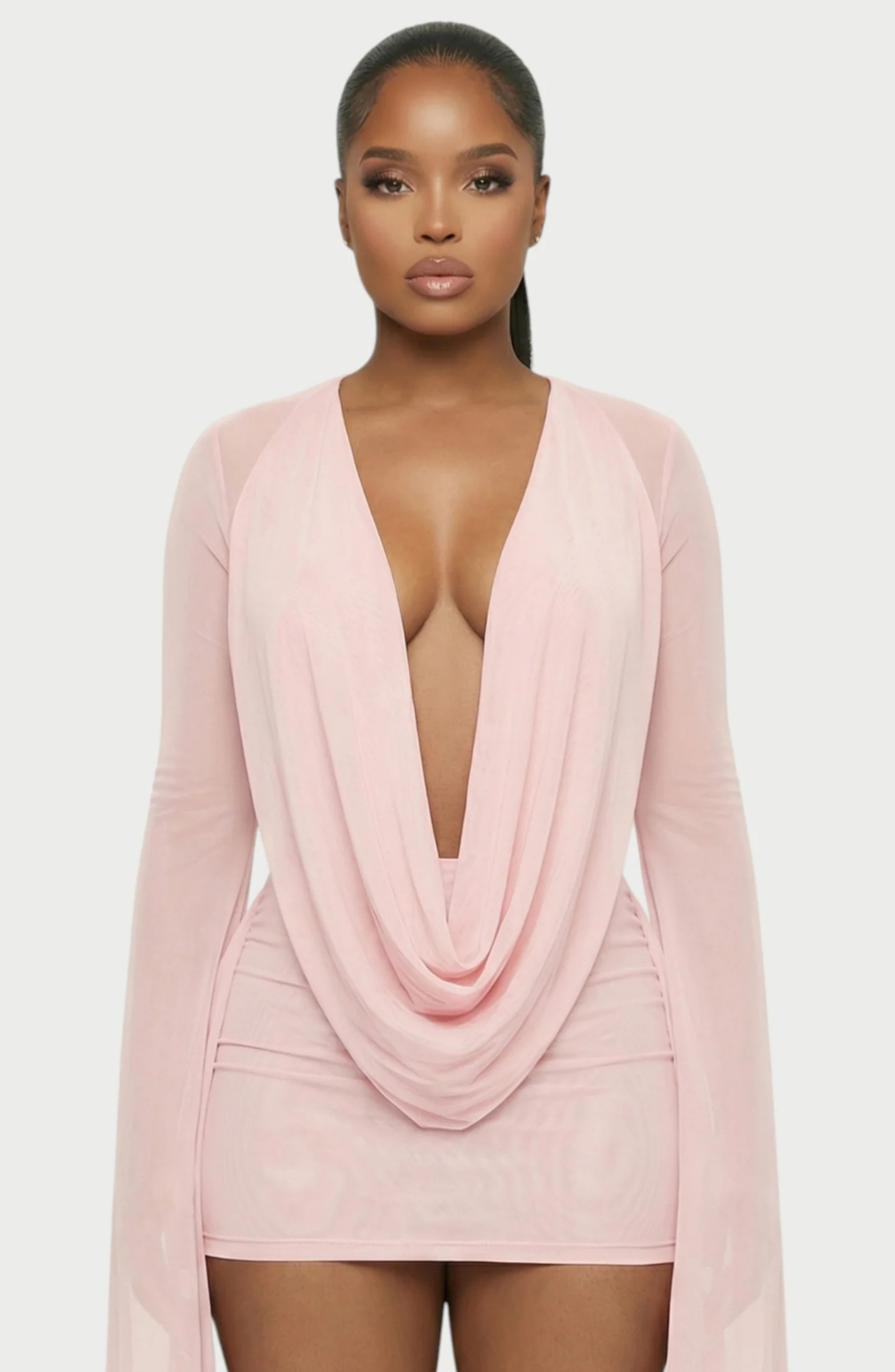 Vestido Corto Drapeado con Escote en V Profundo y Mangas Acampanadas