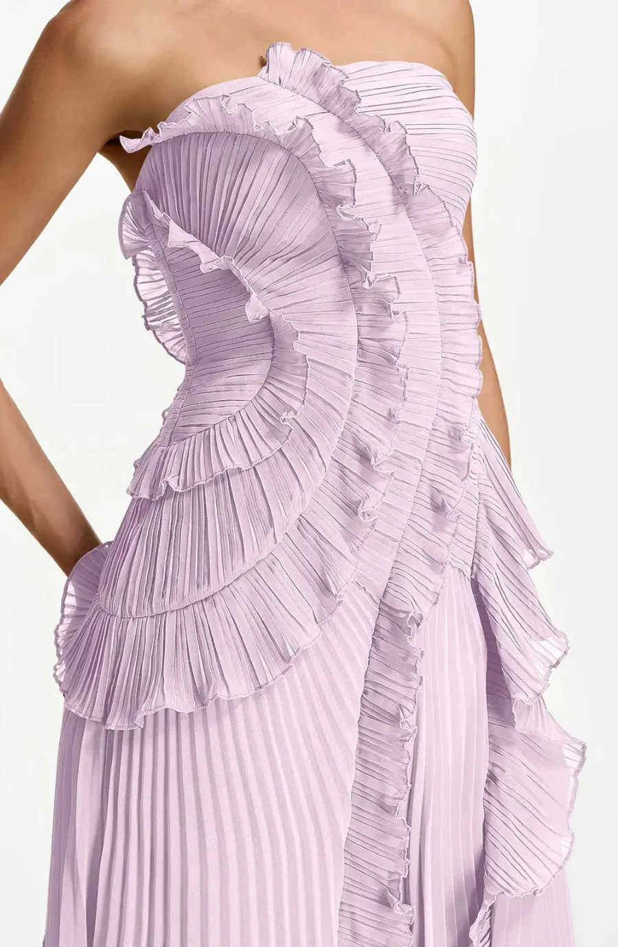 Vestido Largo de Invitada Palabra de Honor Plisado con Volantes
