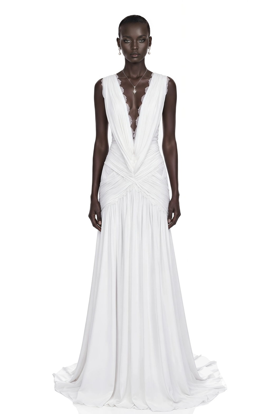Vestido Largo Plisado con Escote en V Profundo