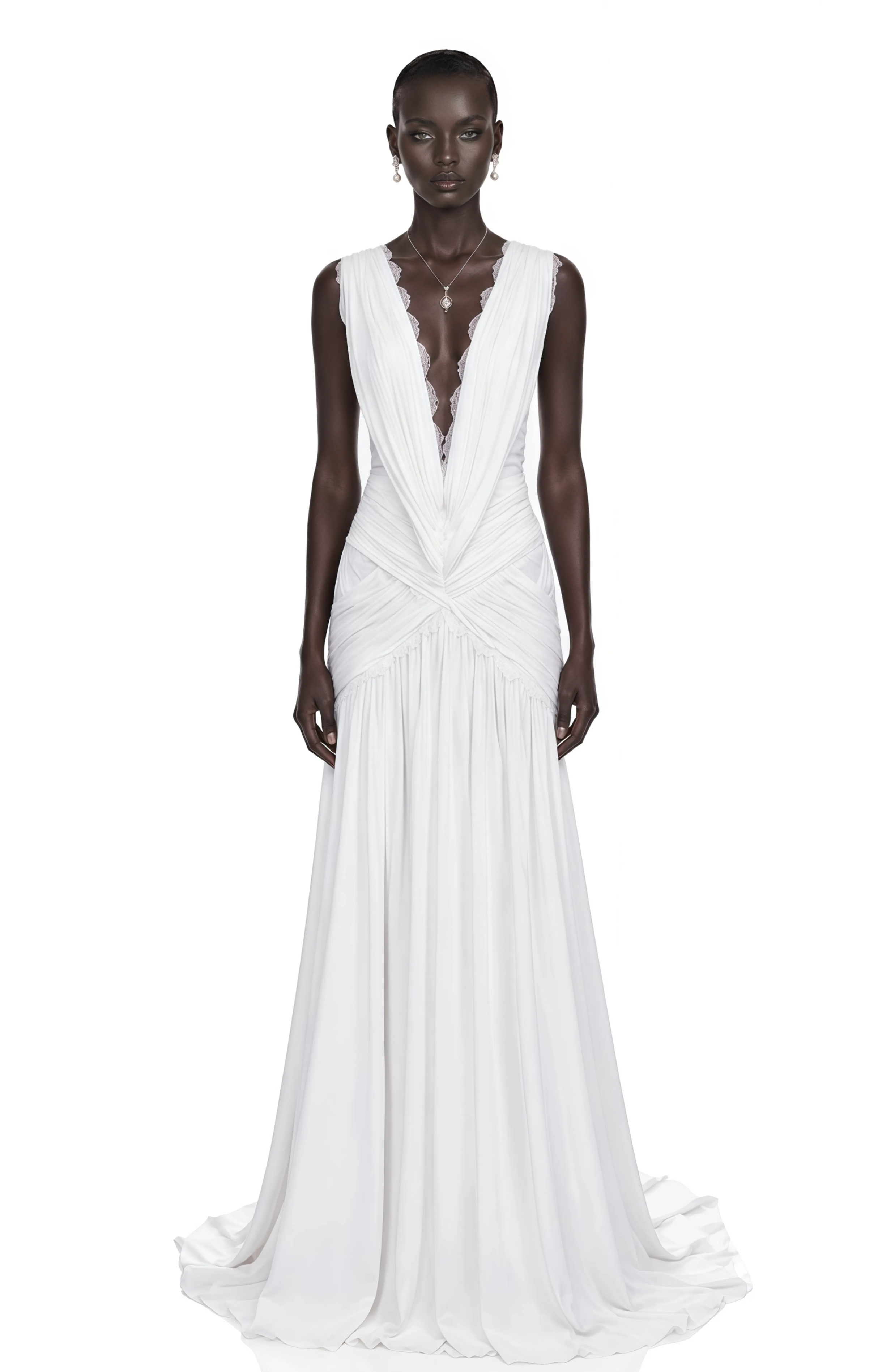 Vestido Largo Plisado con Escote en V Profundo