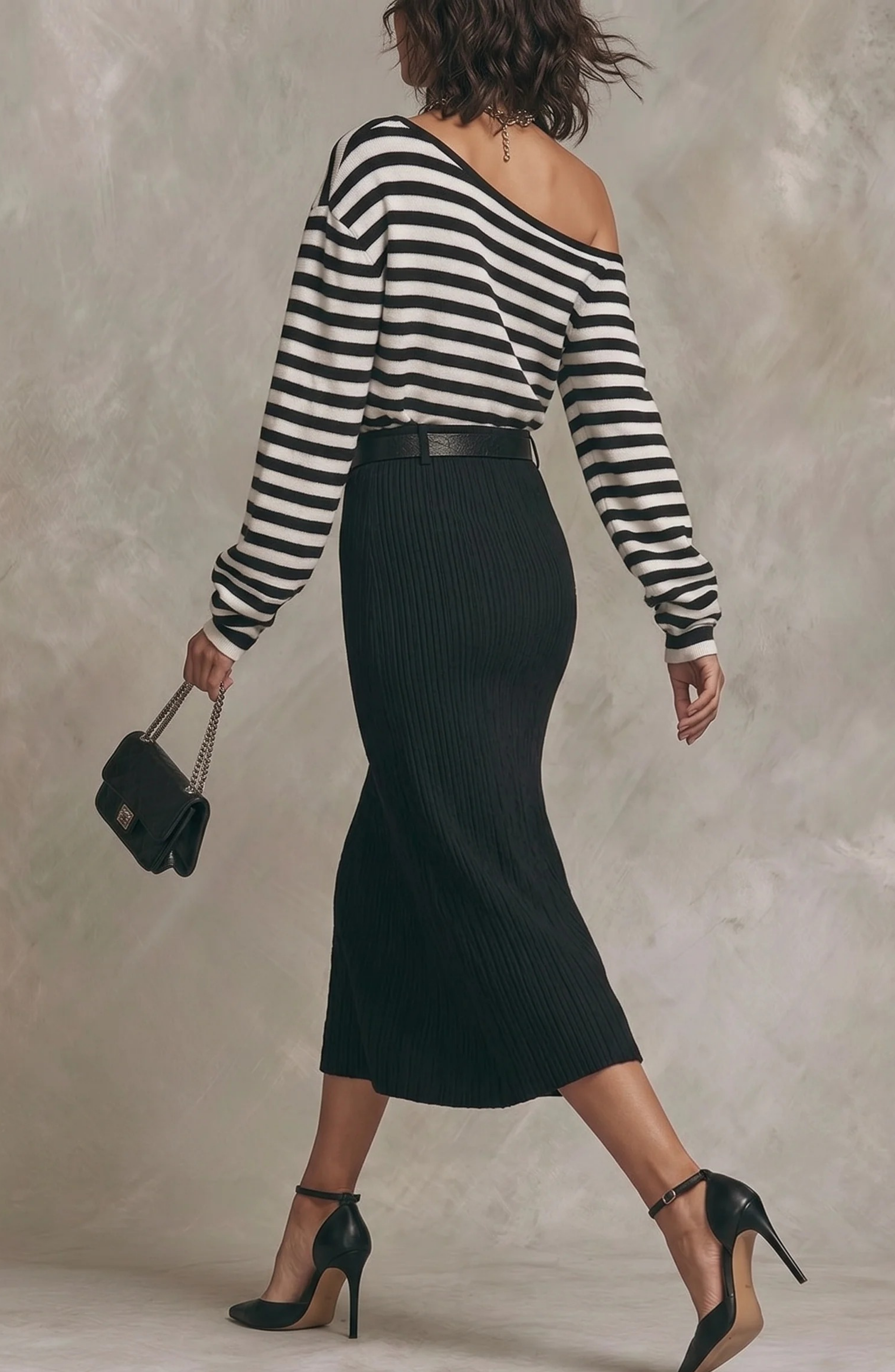 Conjunto de Top Bardot a Rayas y Falda Larga