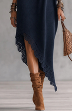 Vestido de Punto Drapeado con Cuello Alto y Hombros Descubiertos