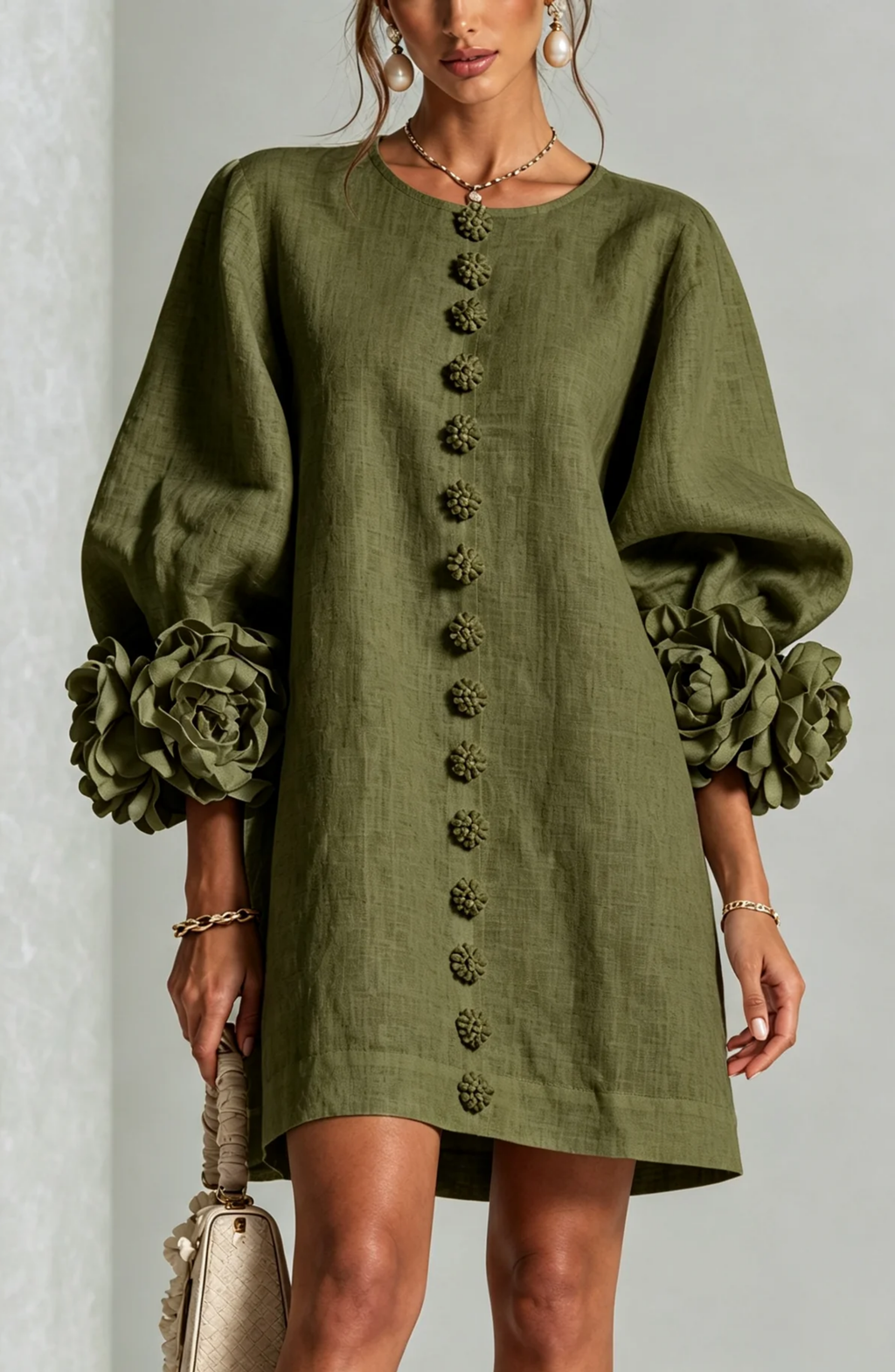 Vestido Corto Abotonado con Mangas de Flores en Relieve