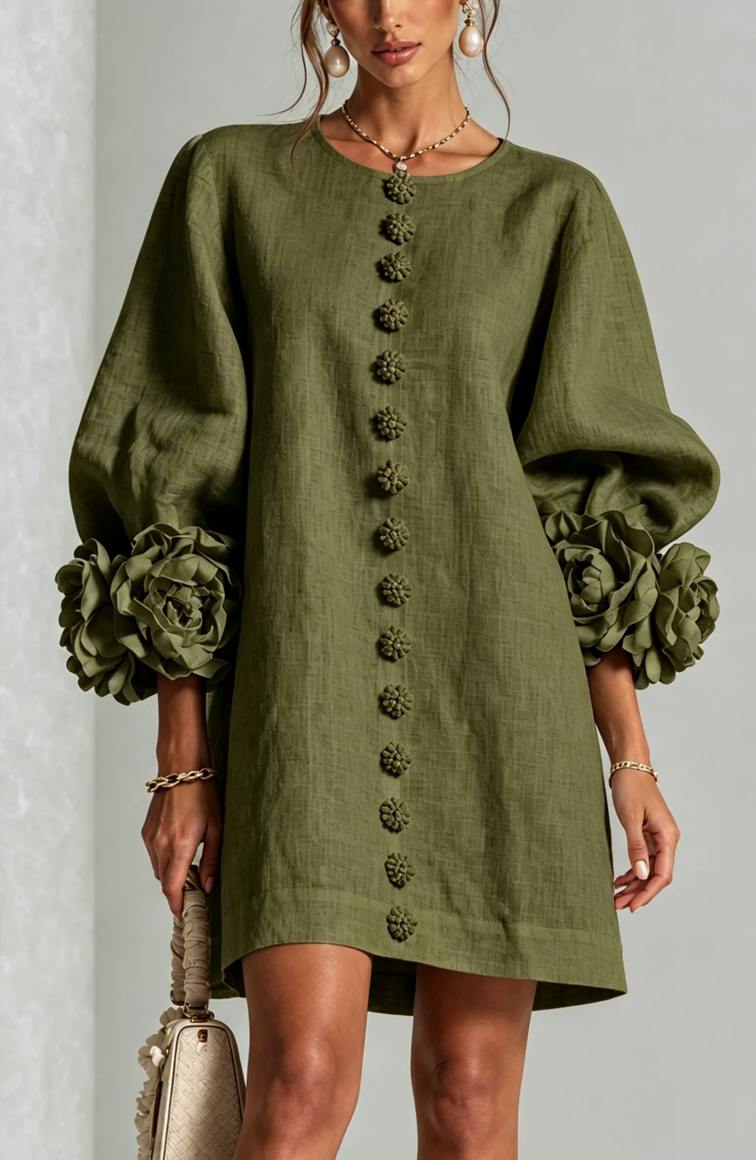 Vestido Corto Abotonado con Mangas de Flores en Relieve