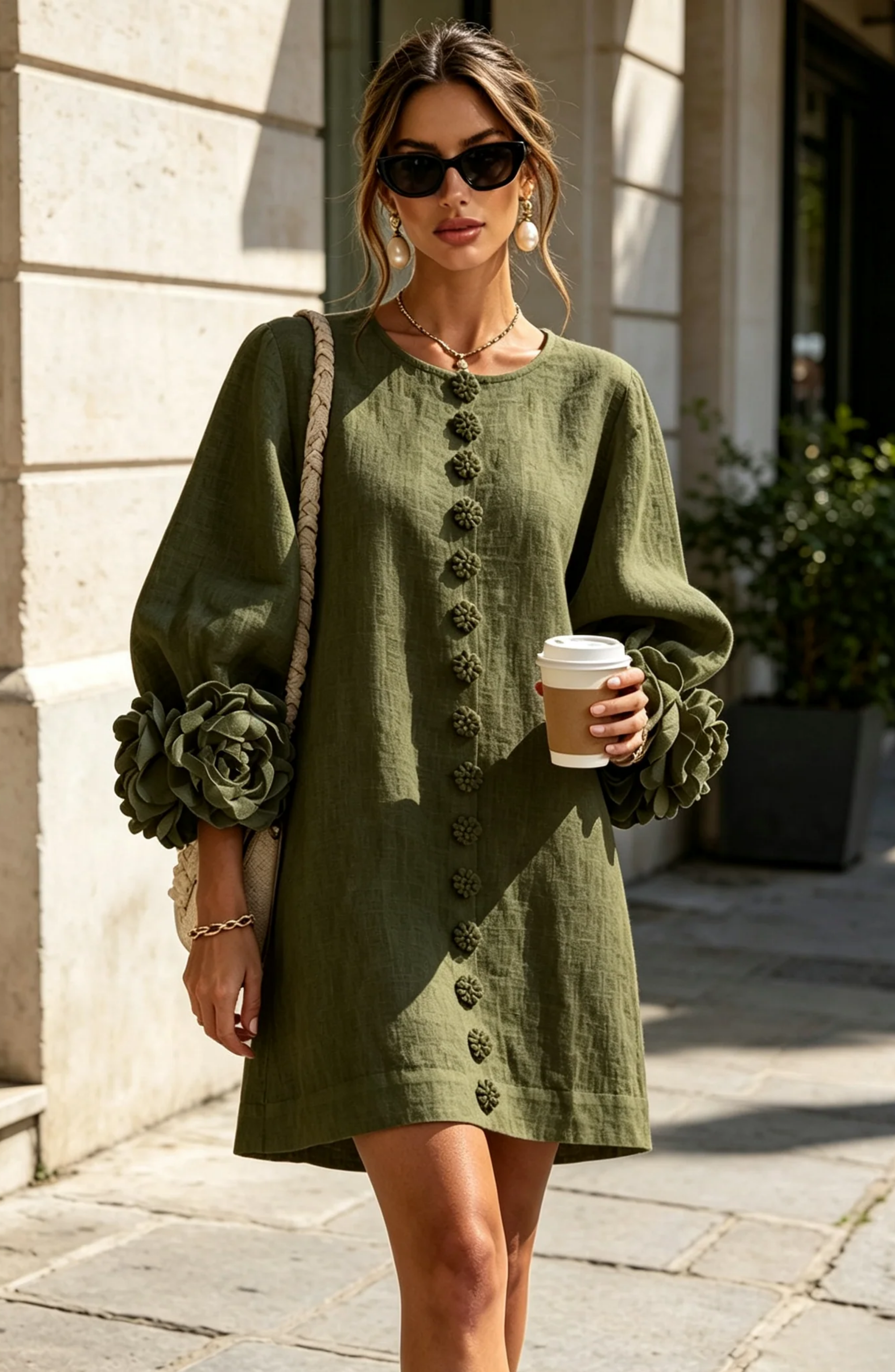 Vestido Corto Abotonado con Mangas de Flores en Relieve