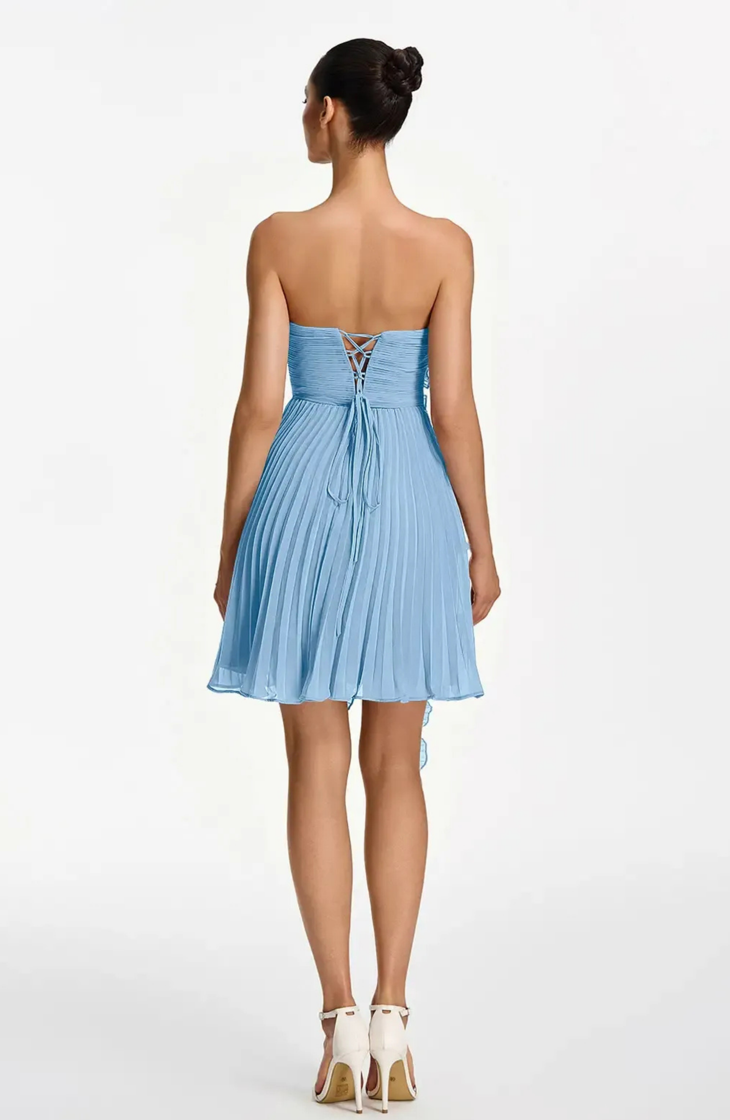 Vestido Corto Palabra de Honor Plisado con Volantes
