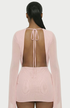 Vestido Corto Drapeado con Escote en V Profundo y Mangas Acampanadas