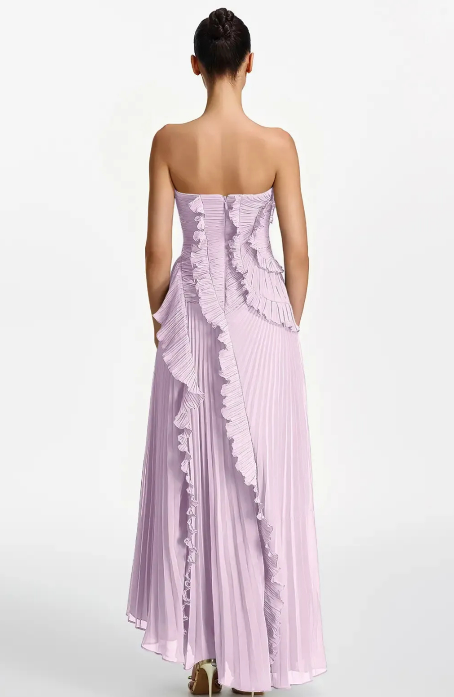 Vestido Largo de Invitada Palabra de Honor Plisado con Volantes
