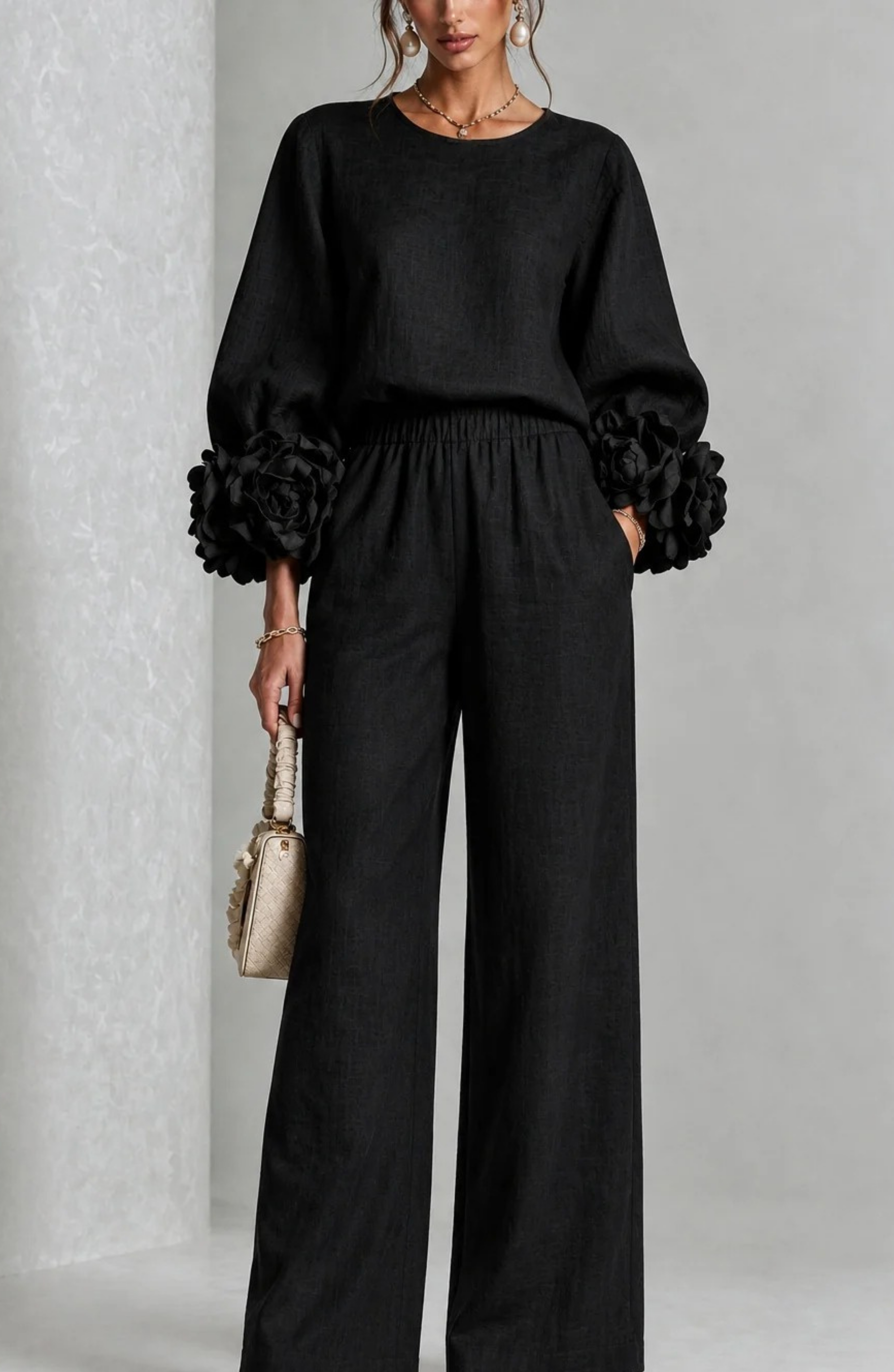 Conjunto de Top de Manga Larga y Pantalón de Pierna Ancha