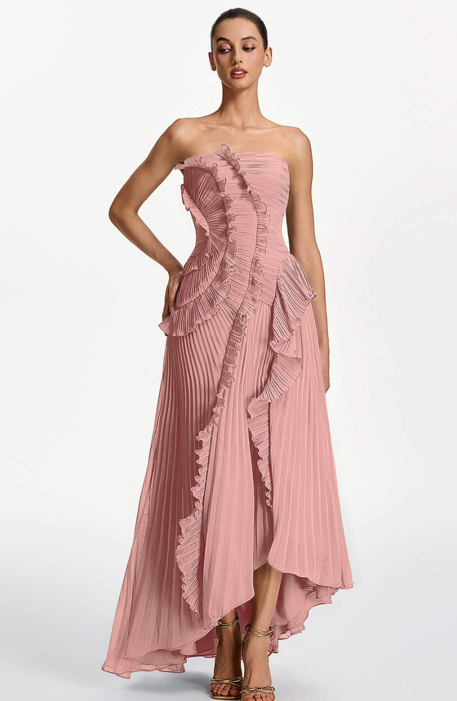 Vestido Largo de Invitada Palabra de Honor Plisado con Volantes