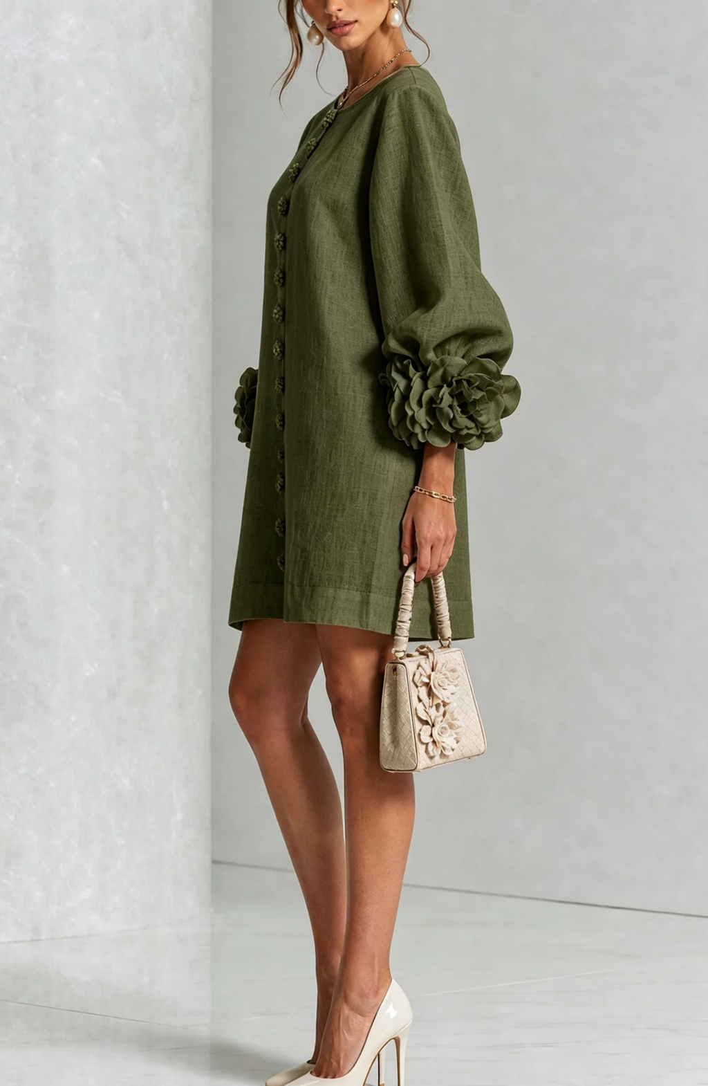 Vestido Corto Abotonado con Mangas de Flores en Relieve