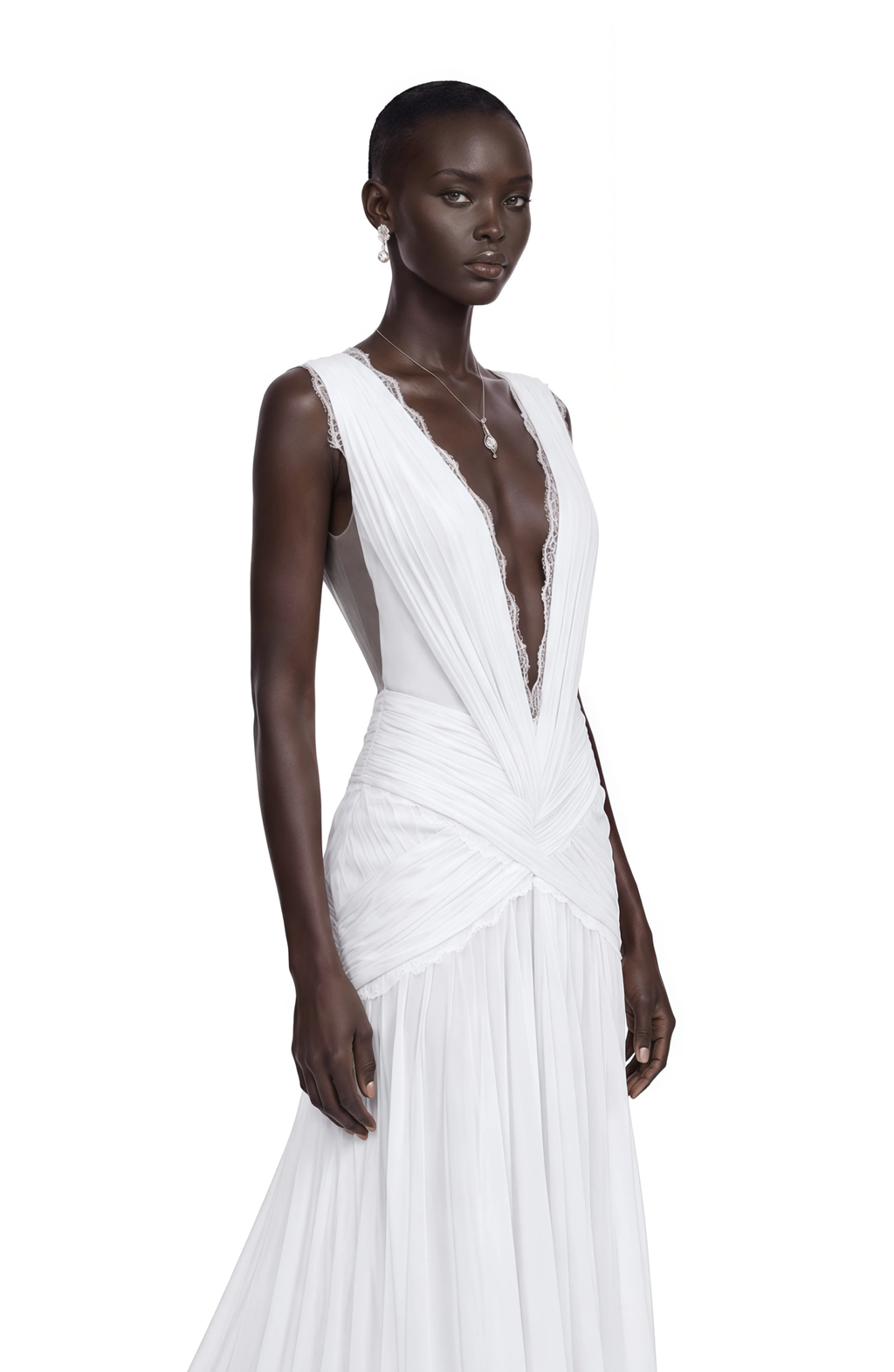 Vestido Largo Plisado con Escote en V Profundo