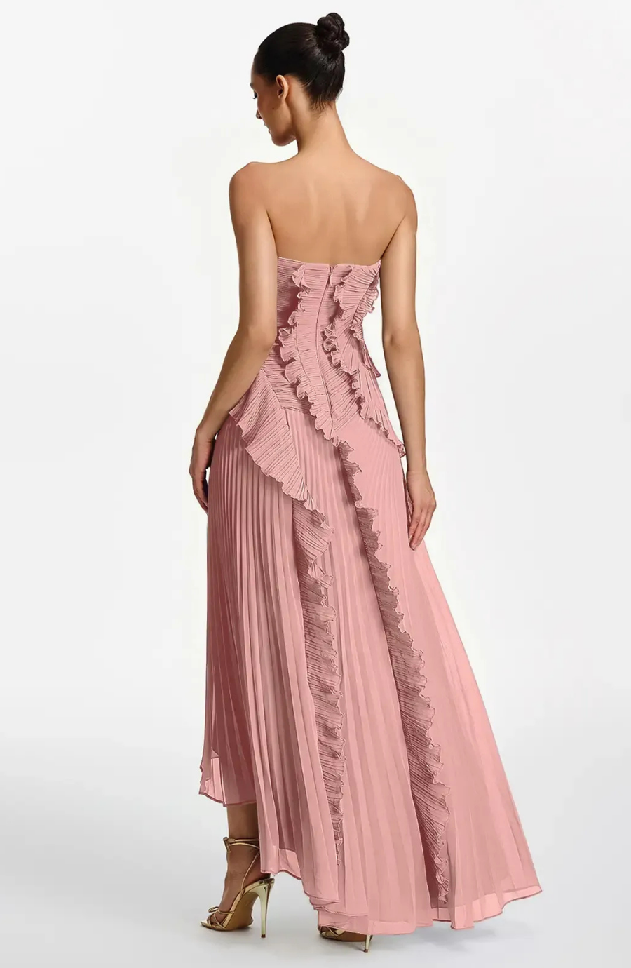 Vestido Largo de Invitada Palabra de Honor Plisado con Volantes