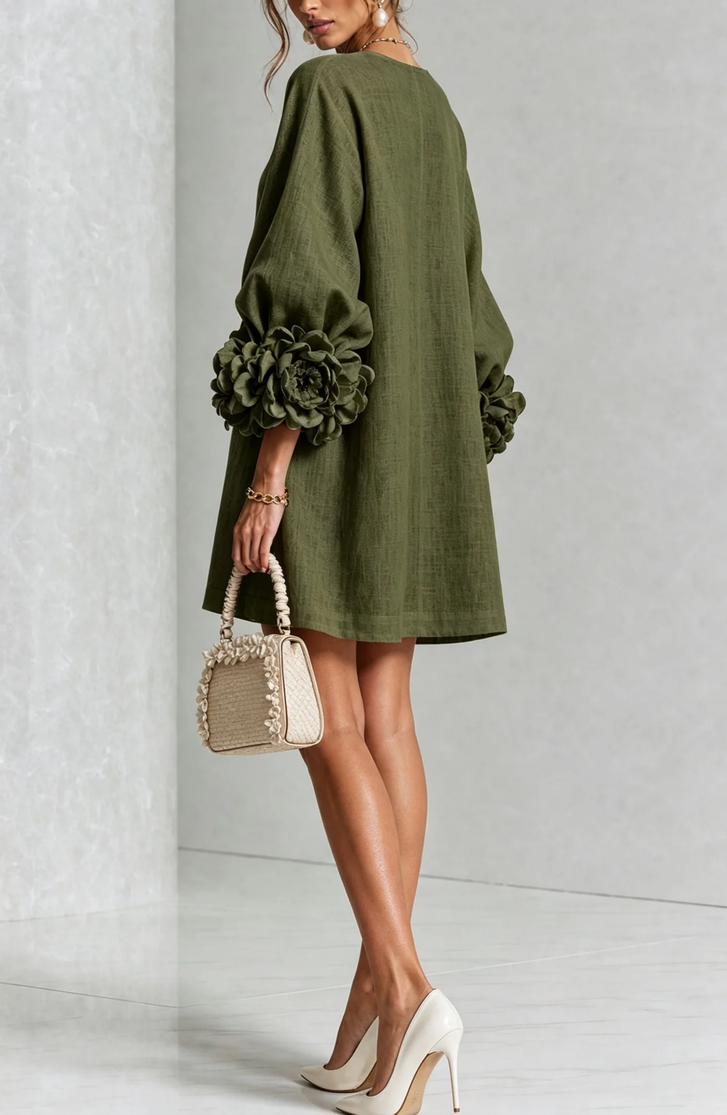 Vestido Corto Abotonado con Mangas de Flores en Relieve
