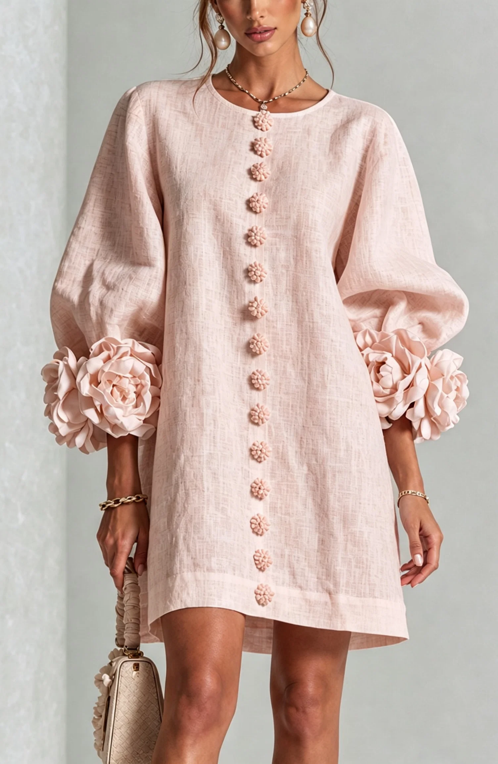 Vestido Corto Abotonado con Mangas de Flores en Relieve