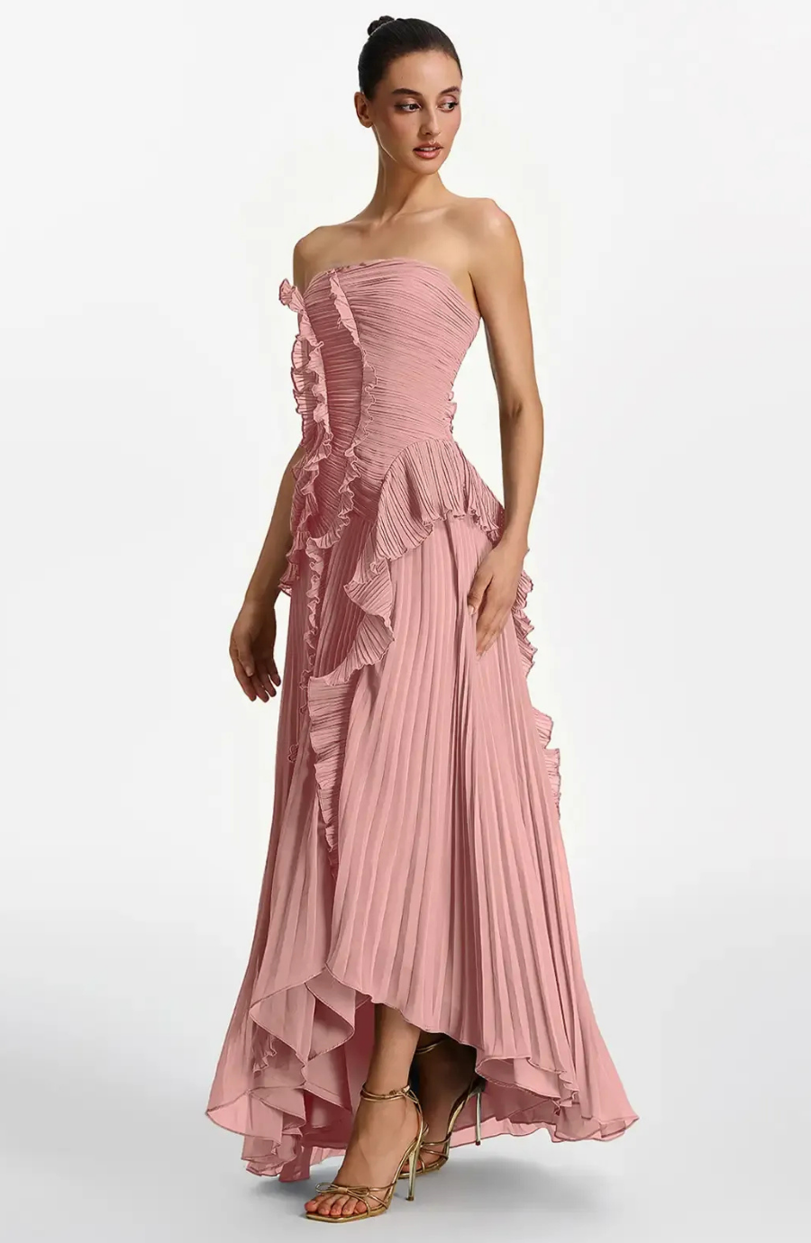 Vestido Largo de Invitada Palabra de Honor Plisado con Volantes