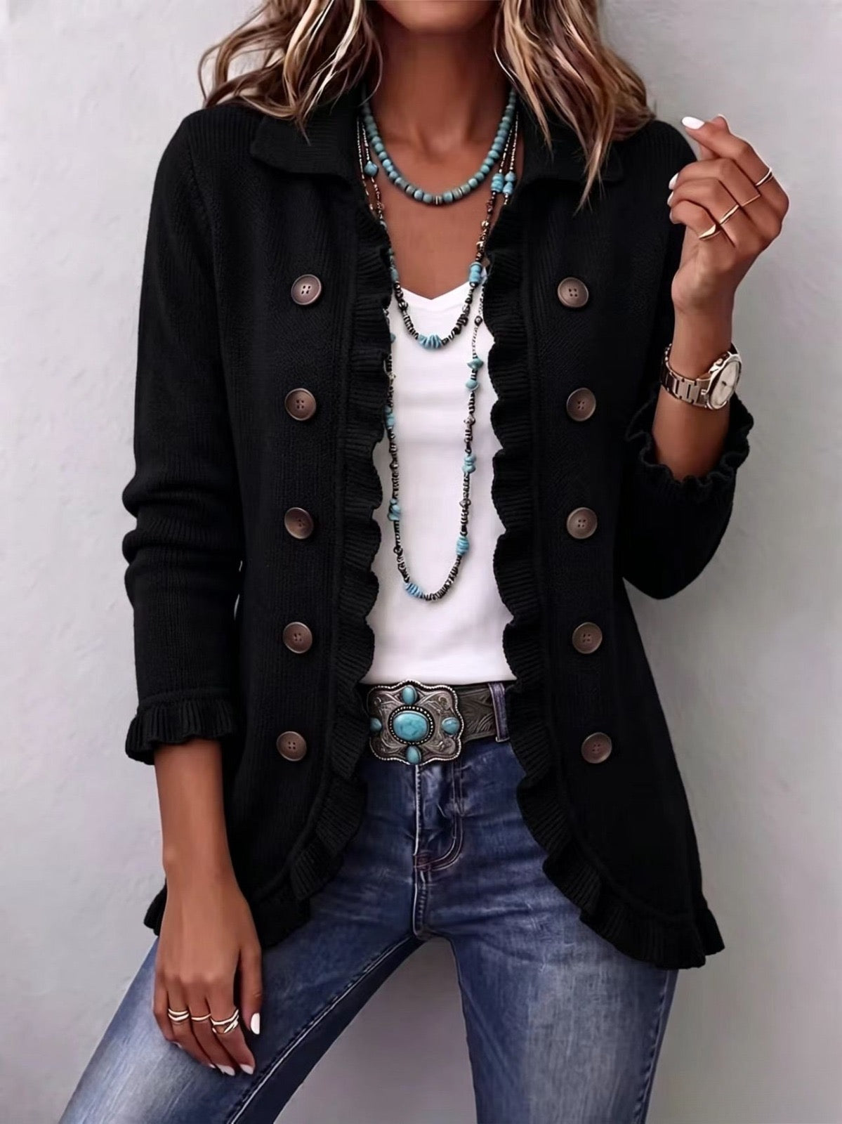 Zélie | Chaqueta de punto acanalado negro intenso con volantes
