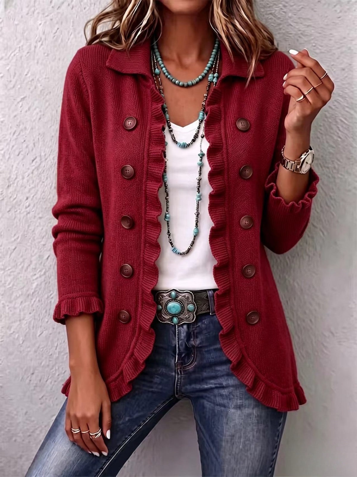 Marthe | Chaqueta de punto acanalado rojo rubí con volantes