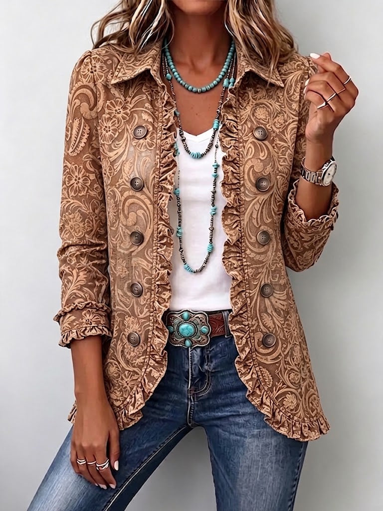 Noémie | Chaqueta bohemia vintage marrón con estampado floral y volantes