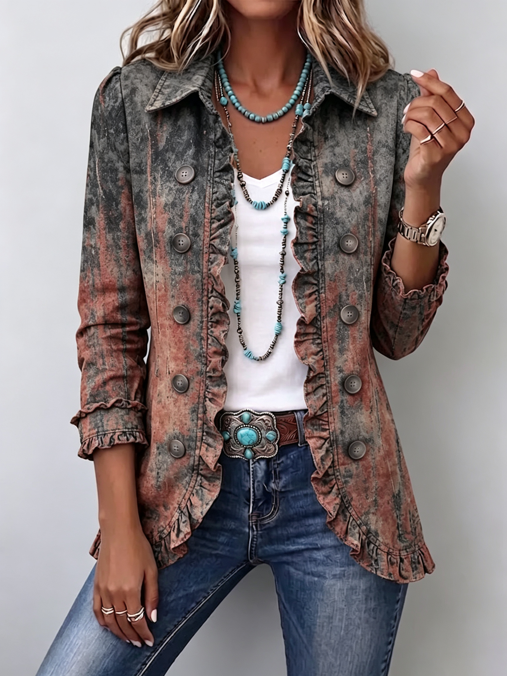 Flavie | Chaqueta vintage con textura degradada y volantes
