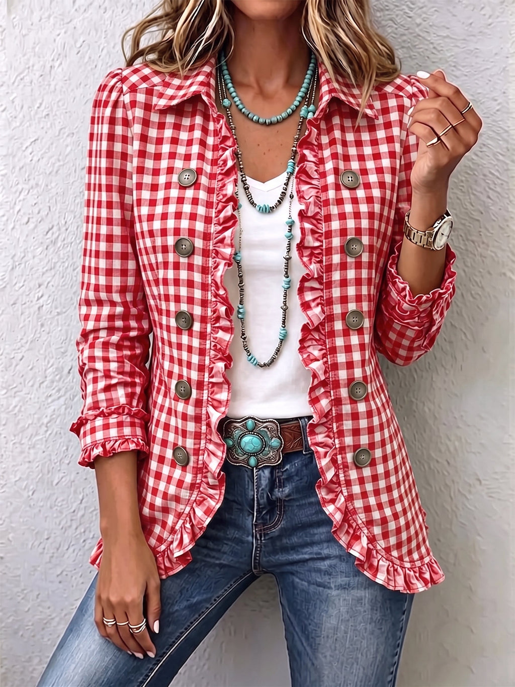 Julie | Chaqueta de cuadros vichy con volantes y botones