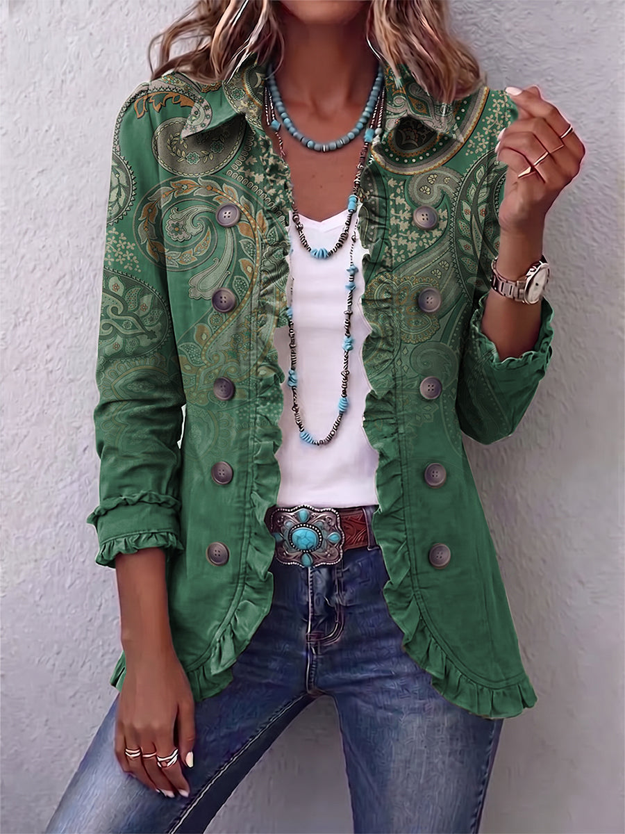 Cosette | Chaqueta bohemia verde con estampado paisley y volantes