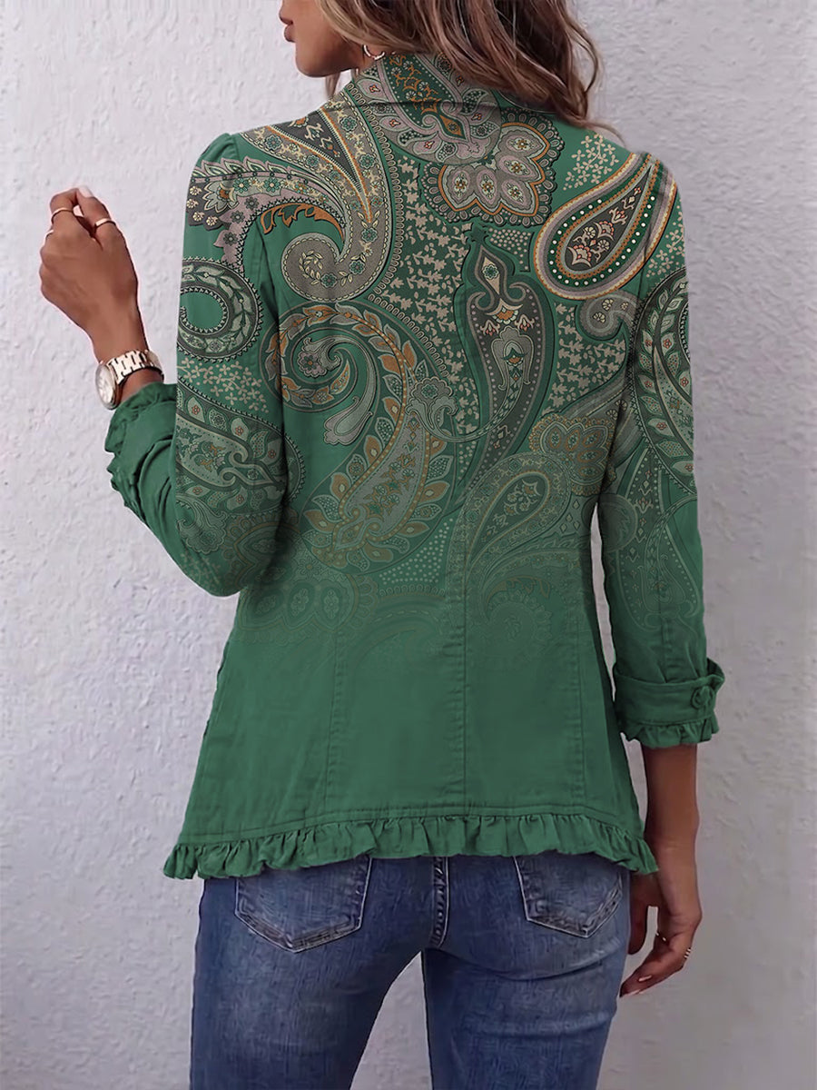 Cosette | Chaqueta bohemia verde con estampado paisley y volantes