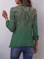 Cosette | Chaqueta bohemia verde con estampado paisley y volantes