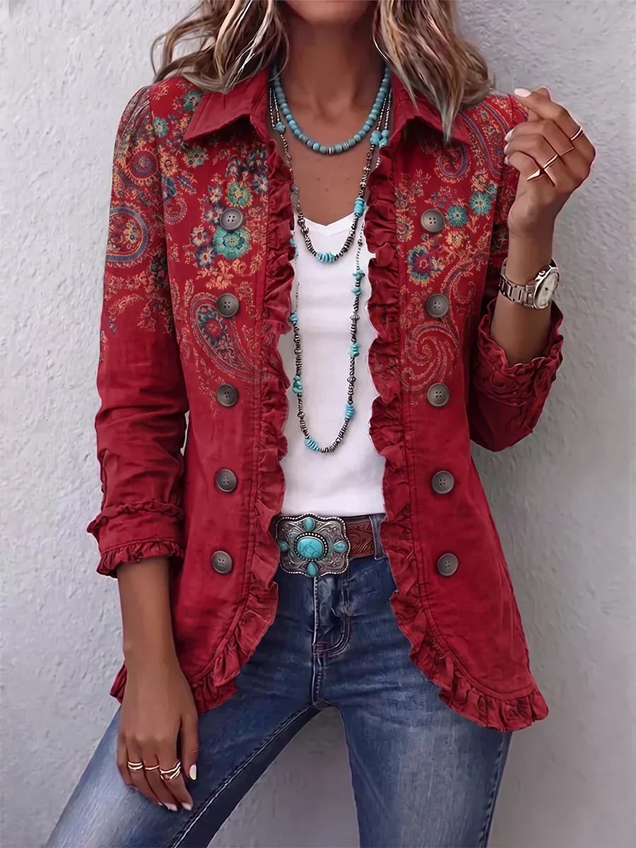 Charlotte | Chaqueta bohemia roja con volantes y estampado paisley