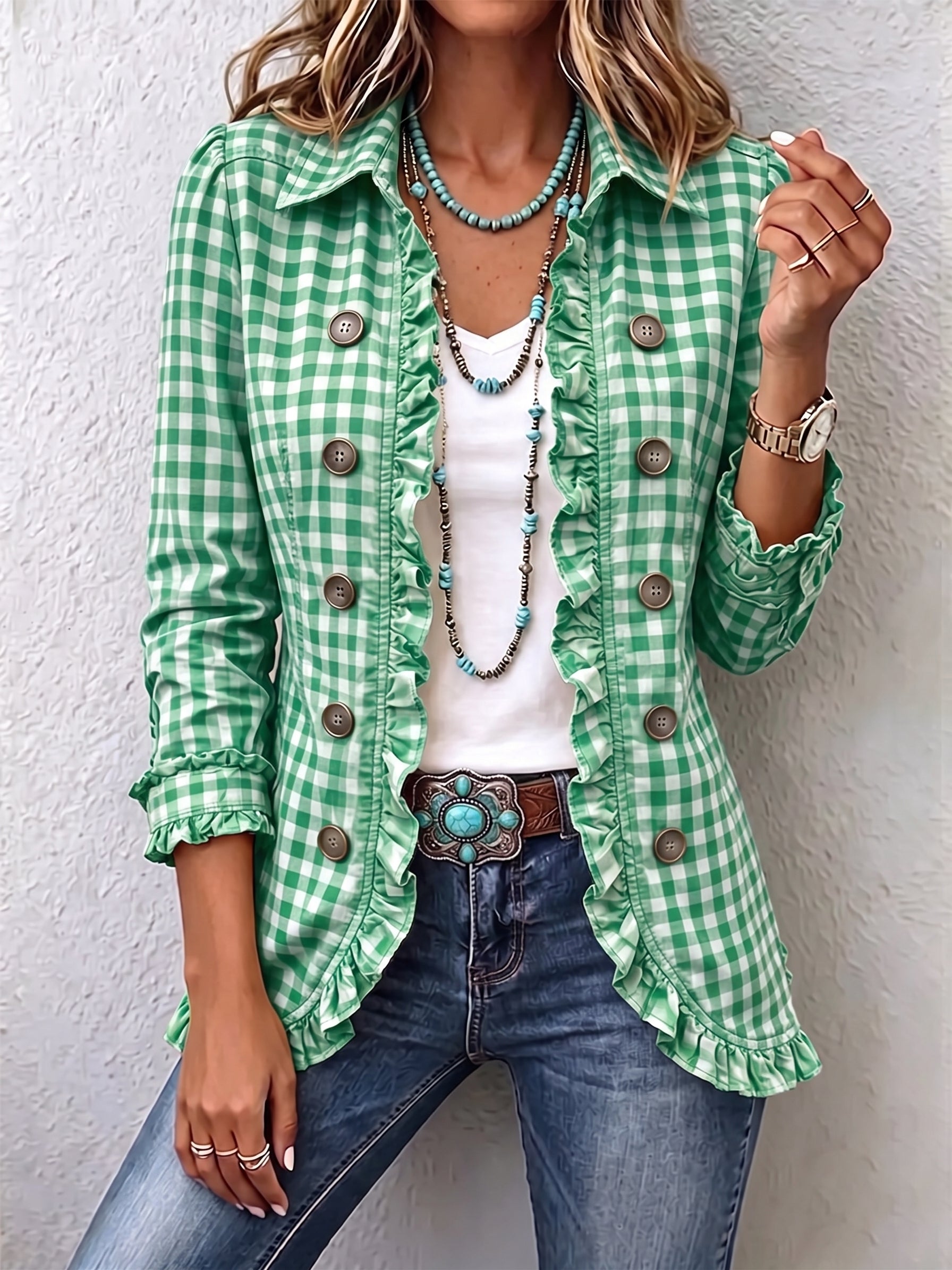 Julie | Chaqueta de cuadros vichy con volantes y botones