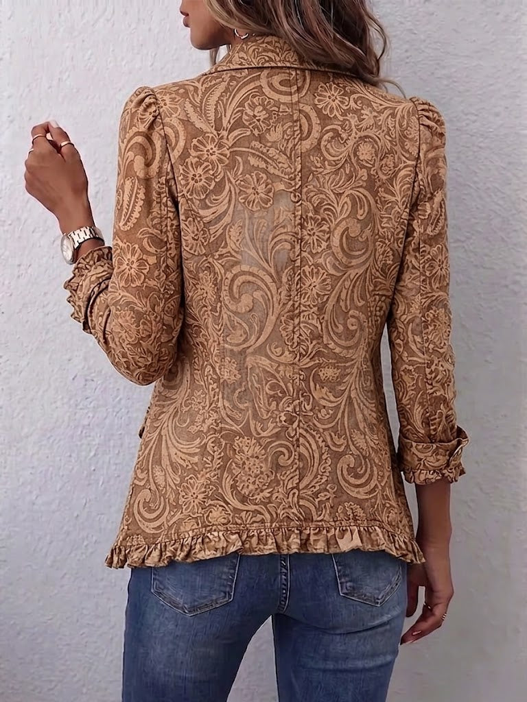 Noémie | Chaqueta bohemia vintage marrón con estampado floral y volantes