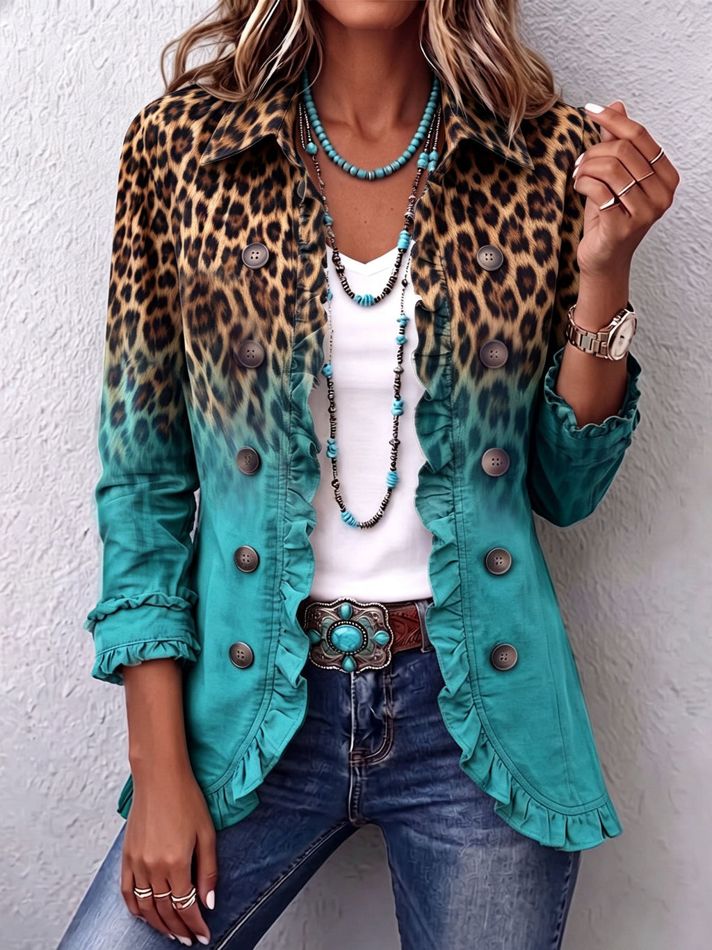 Beatrice | Blazer con estampado de leopardo degradado turquesa y volantes