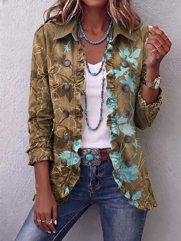 Blanco | Chaqueta vintage bohemia con volantes y estampado floral degradado