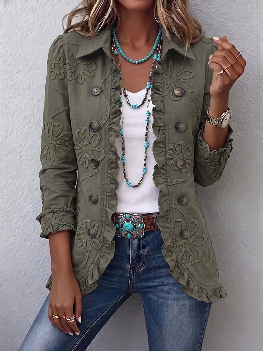 Alexandrine | Chaqueta de estilo bohemio-chic bordada con flores verdes retro y ribete fruncido.