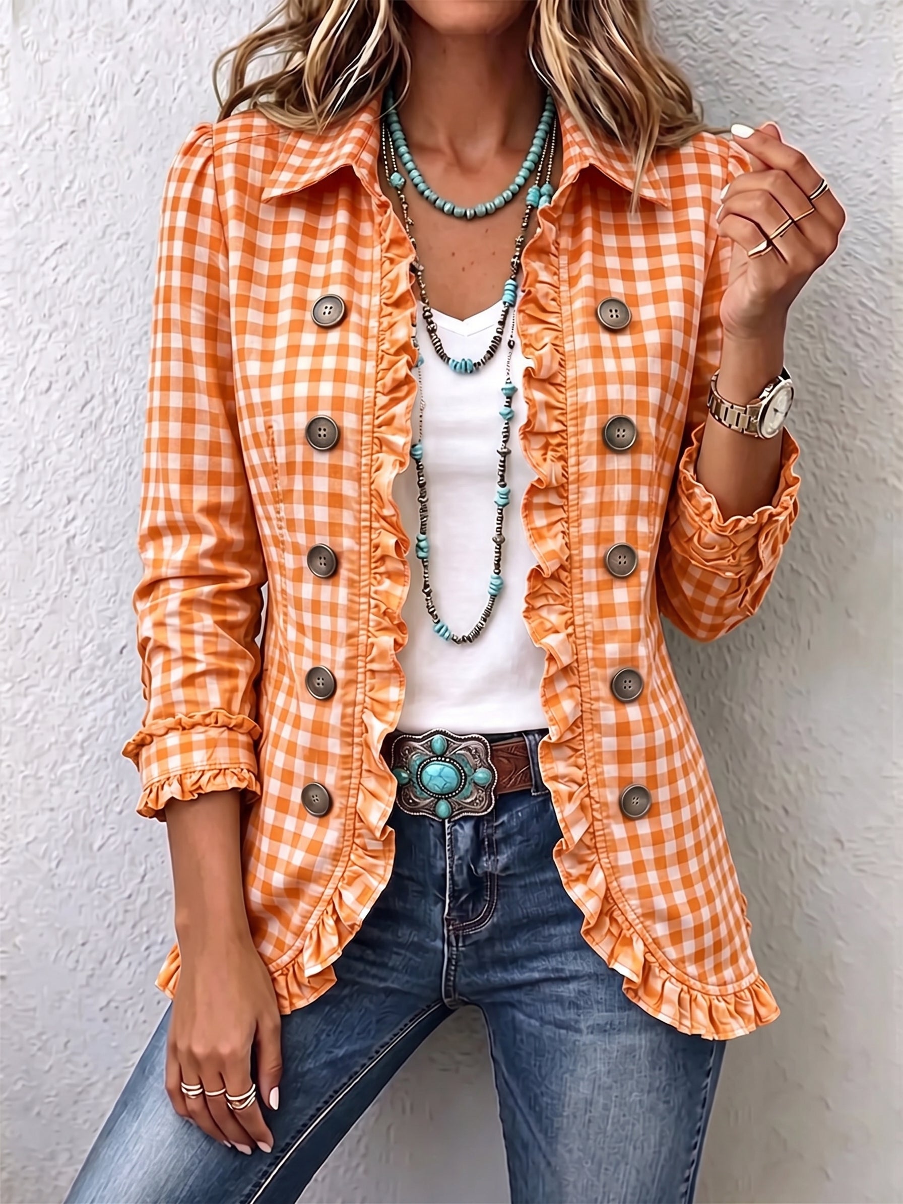Julie | Chaqueta de cuadros vichy con volantes y botones