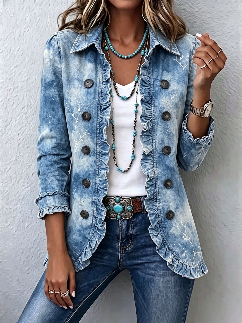 Ginebra | Chaqueta vintage bohemia con estampado botánico degradado azul y volantes