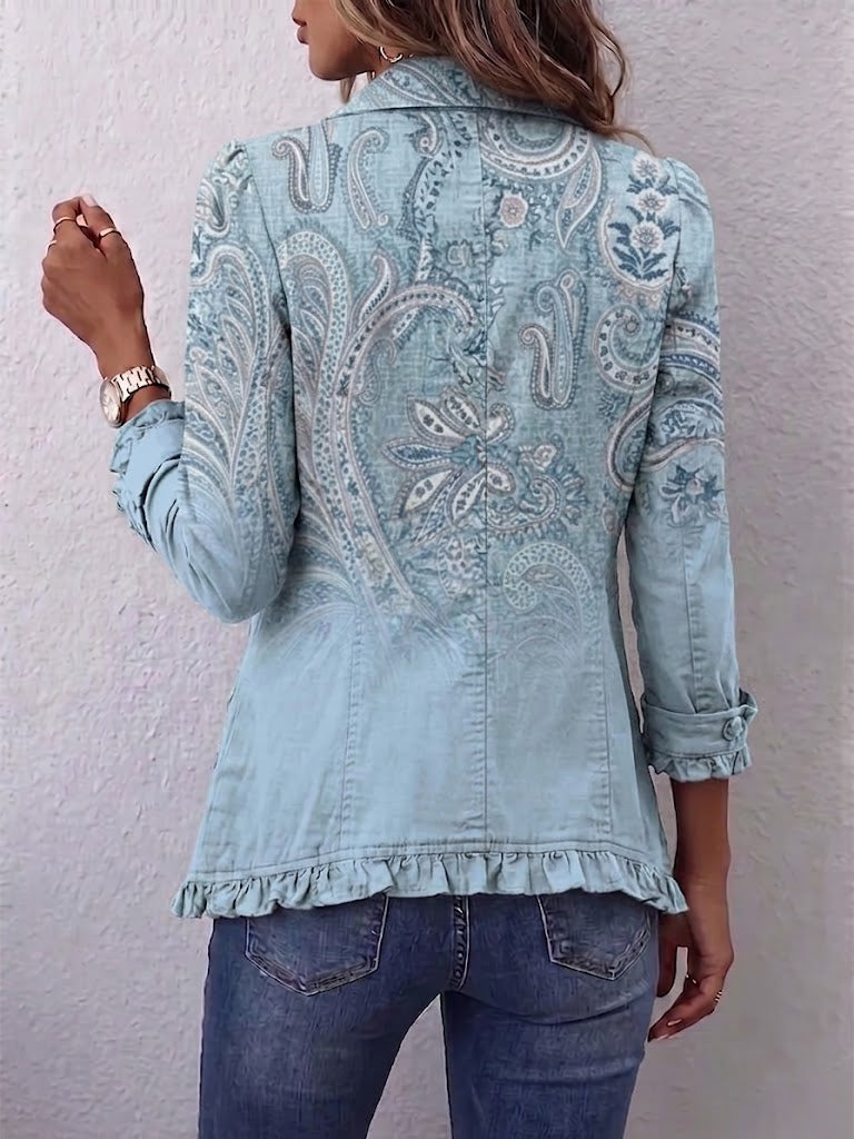 Emilie | Chaqueta vintage azul cielo con estampado paisley y volantes