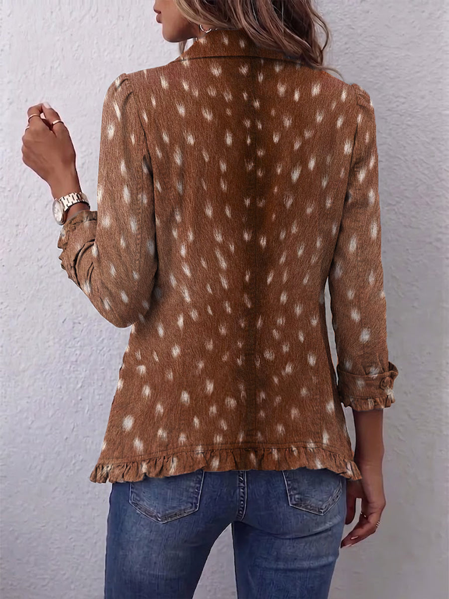 Hélène | Chaqueta bohemia marrón con estampado animal y volantes