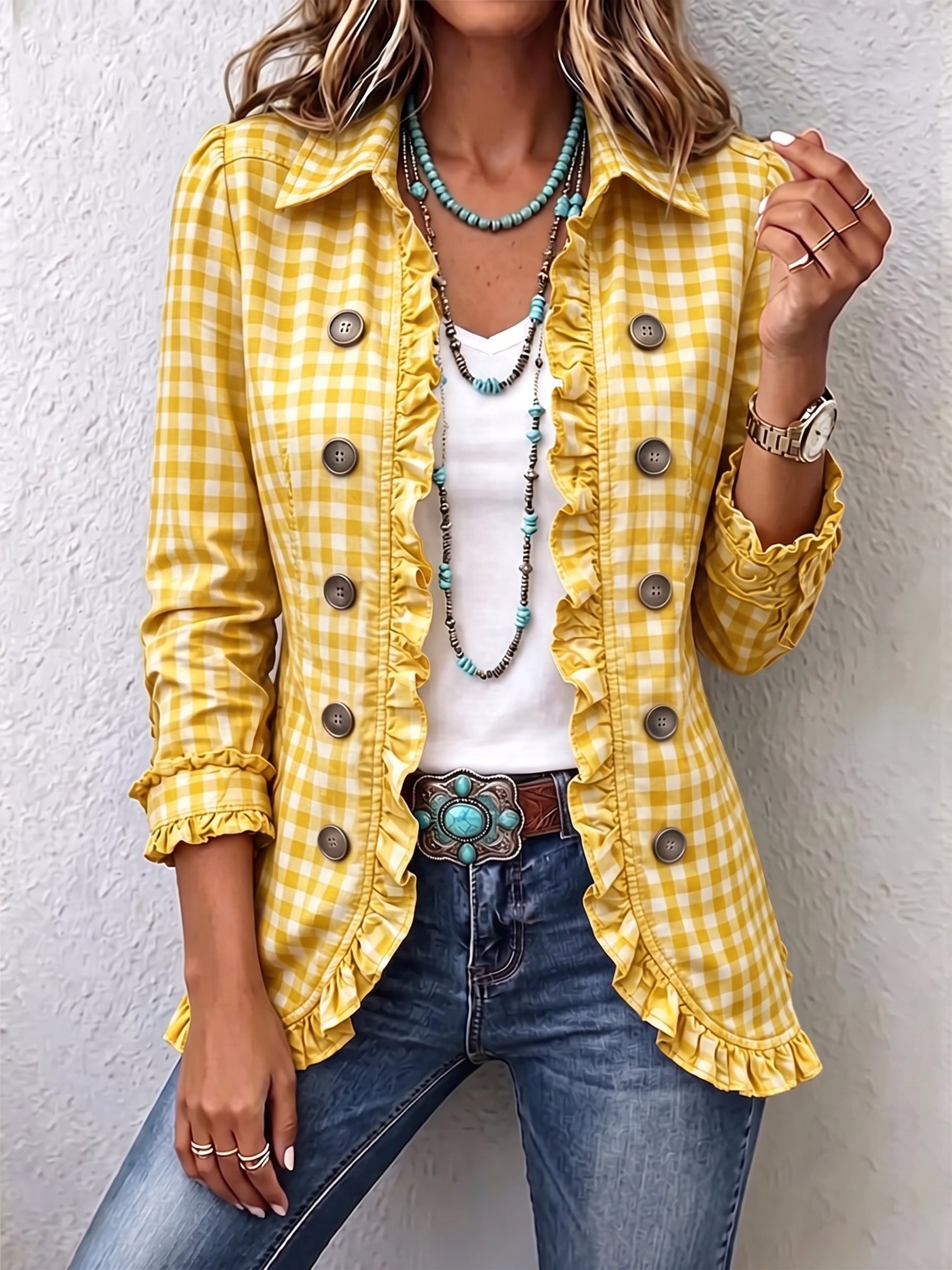 Julie | Chaqueta de cuadros vichy con volantes y botones