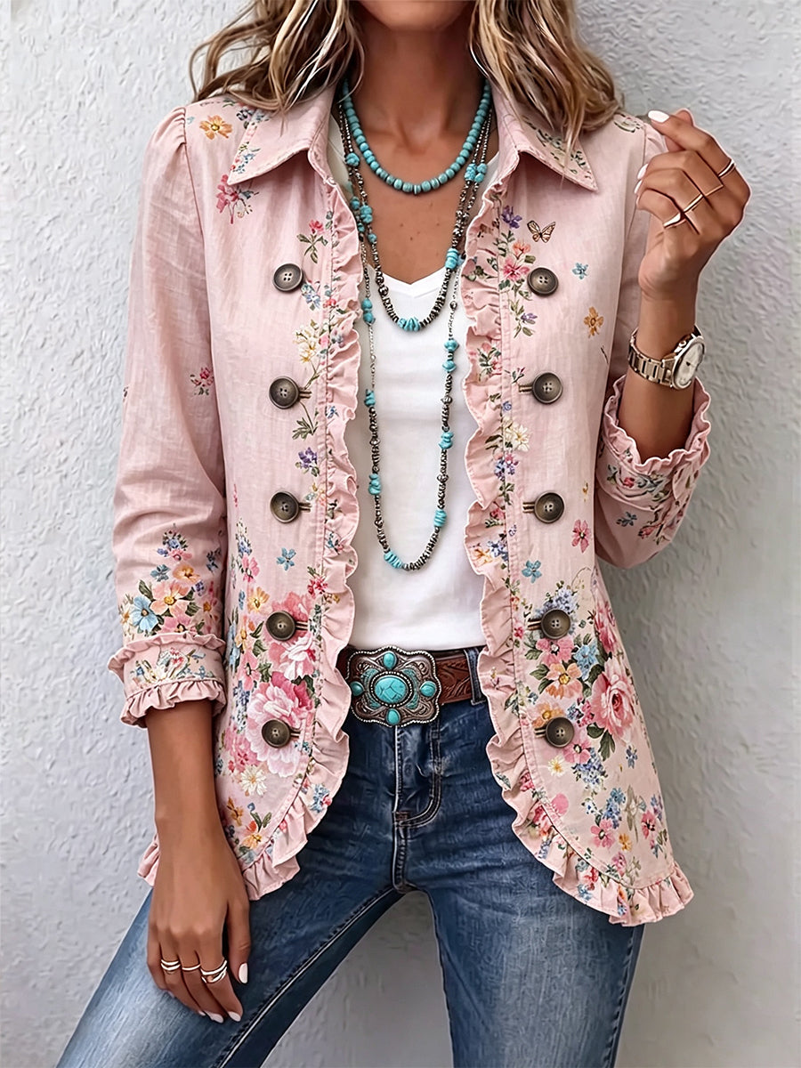 Martine | Chaqueta rosa con estampado floral, volantes y botones