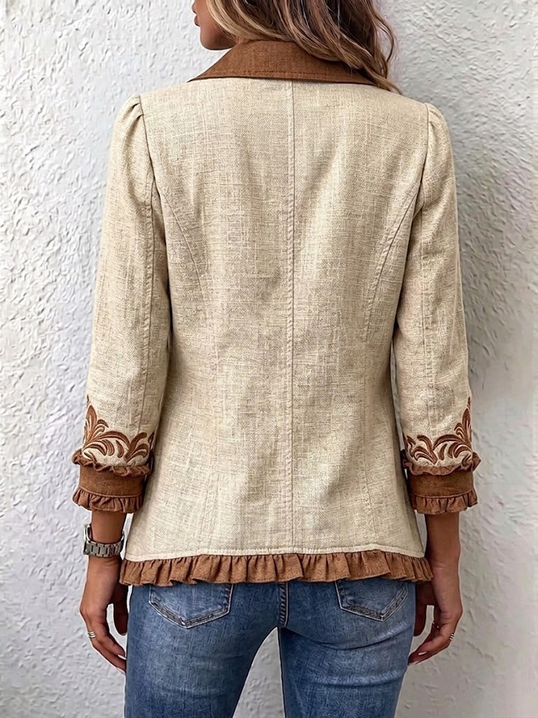 Octavie | Chaqueta vintage bohemia con volantes en color camel y marrón con estampado floral