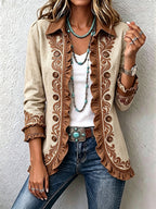 Octavie | Chaqueta vintage bohemia con volantes en color camel y marrón con estampado floral