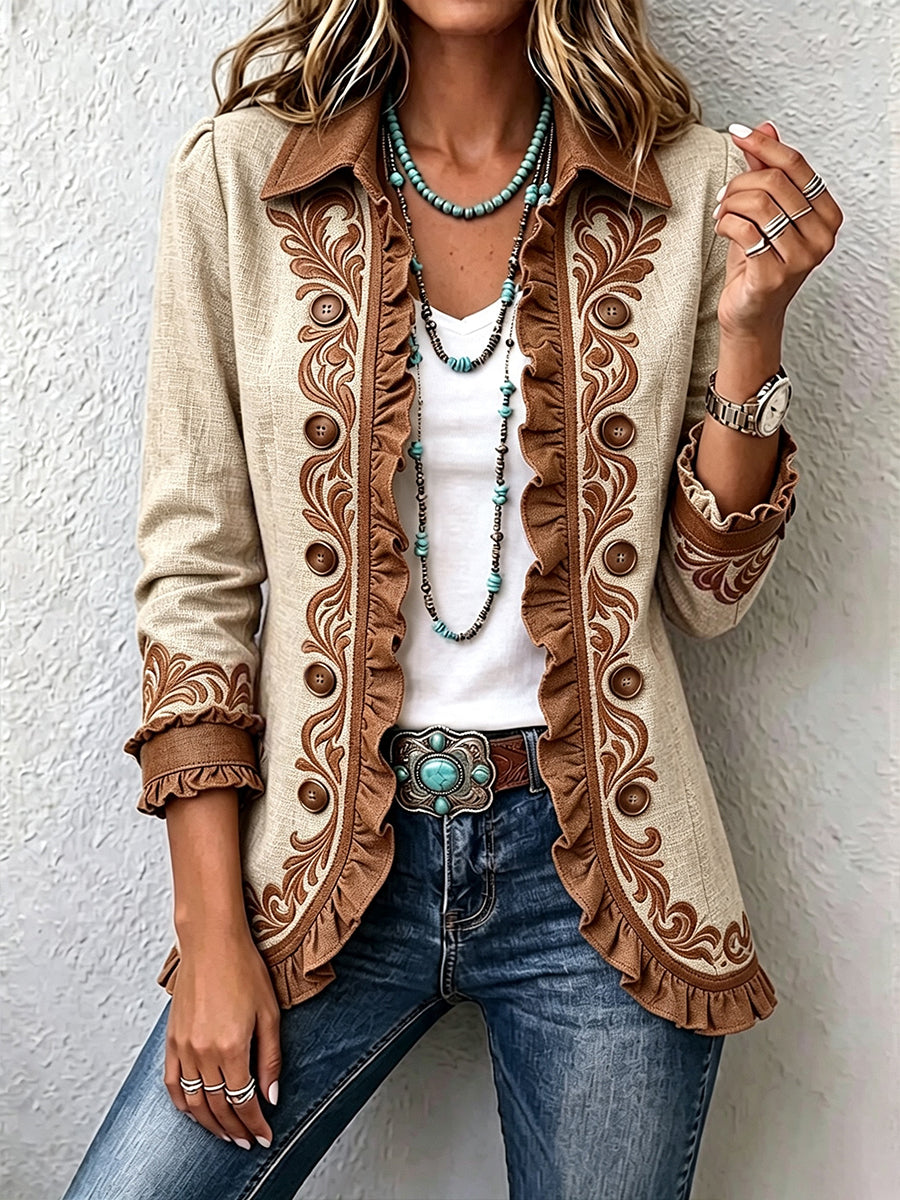 Octavie | Chaqueta vintage bohemia con volantes en color camel y marrón con estampado floral